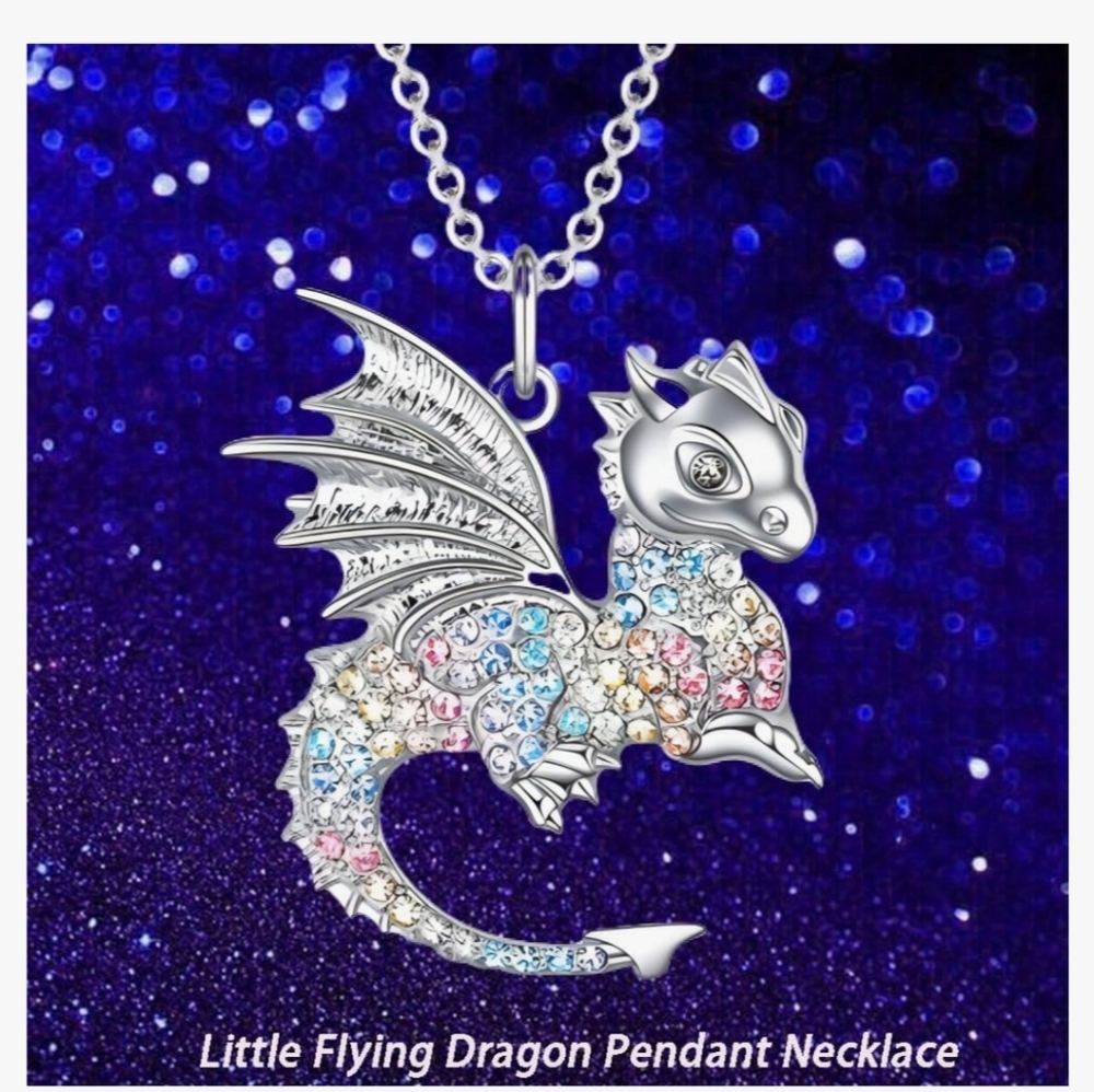 Colorful Crystal Fly Dragon Pendant Necklace for Women Cute Alloy Dragon Animal - Picture 1 of 5
